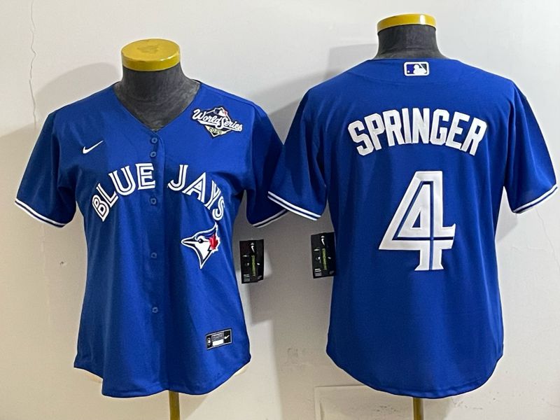 Women 2025 Nike Toronto Blue Jays #4 Springer Blue Game MLB Jersey 03